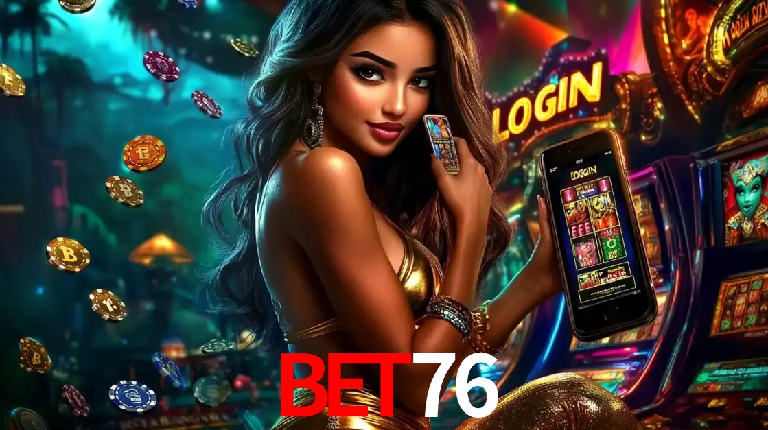 Mulher em um cenário de cassino temático de aventura, mostrando o app de caça-níqueis da BET76 no celular. Fichas de apostas flutuam ao redor.