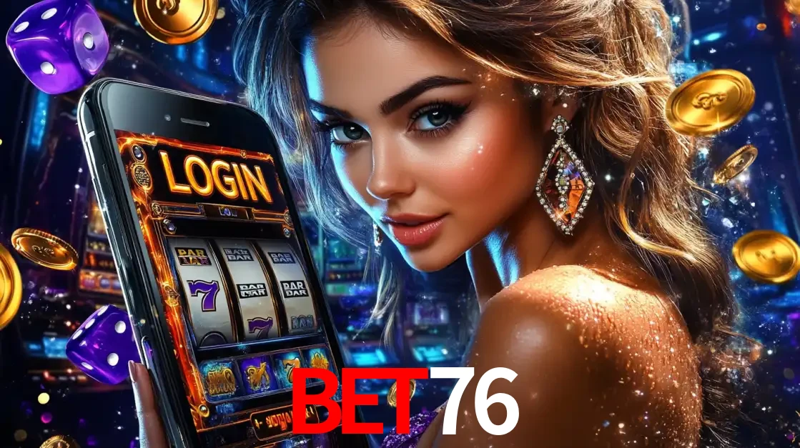 Mulher glamorosa segurando um smartphone com a tela de login para os jogos de caça-níqueis do cassino online BET76, com moedas de ouro e dados ao redor.