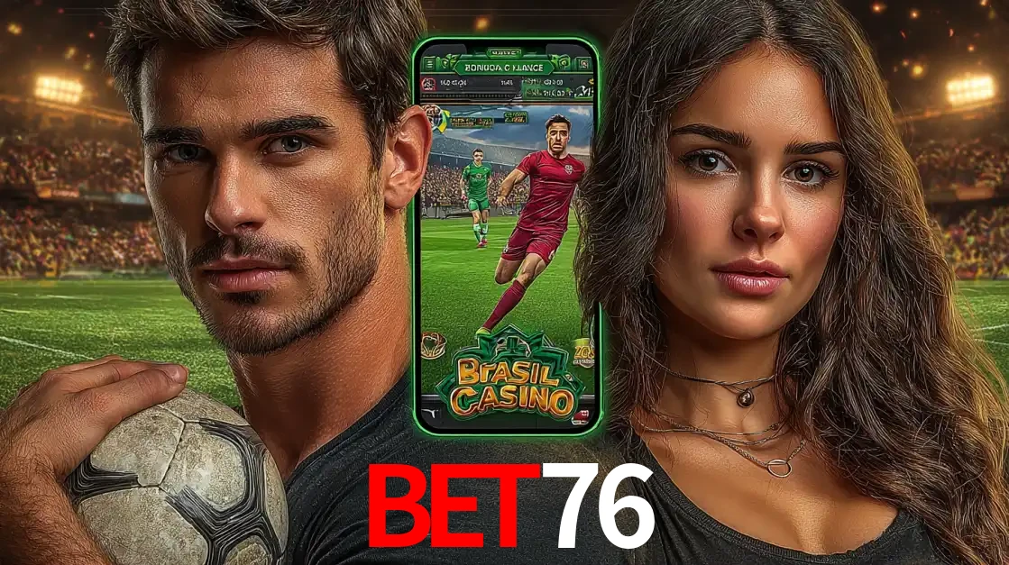 Homem segurando uma bola de futebol e uma mulher ao lado de um smartphone exibindo o jogo de apostas esportivas da BET76. Faça seu palpite no cassino online.